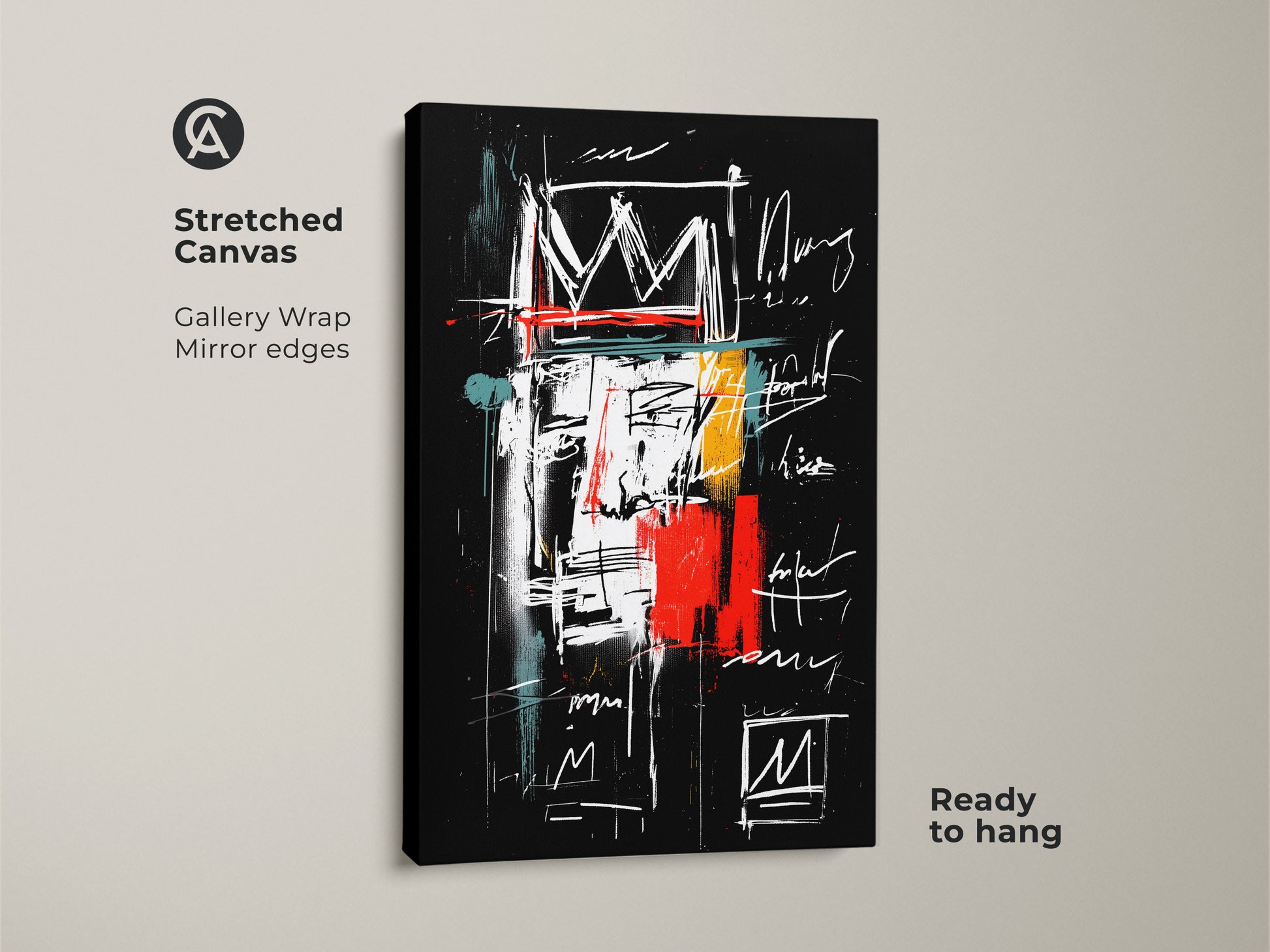 Stretched canvas print of an abstract crown artwork. The gallery wrap and mirror edges create a seamless museum-quality look. The black background enhances the vibrant colors and intricate details. Ready to hang and enjoy. Elevate your space with this modern masterpiece.