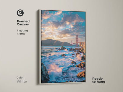 Framed canvas of the Golden Gate Bridge with a floating white frame. Ready to hang this teal and orange photorealistic art captures ocean waves. A contemporary seascape wall art perfect for coastal living room decor.