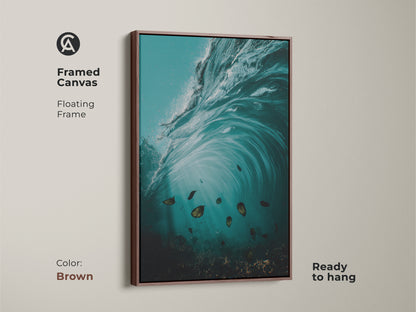 Framed coastal canvas print with a brown floating frame. The underwater ocean artwork features teal aqua hues. Fish and swirls add a surreal touch. It's a perfect housewarming gift ocean decor piece.