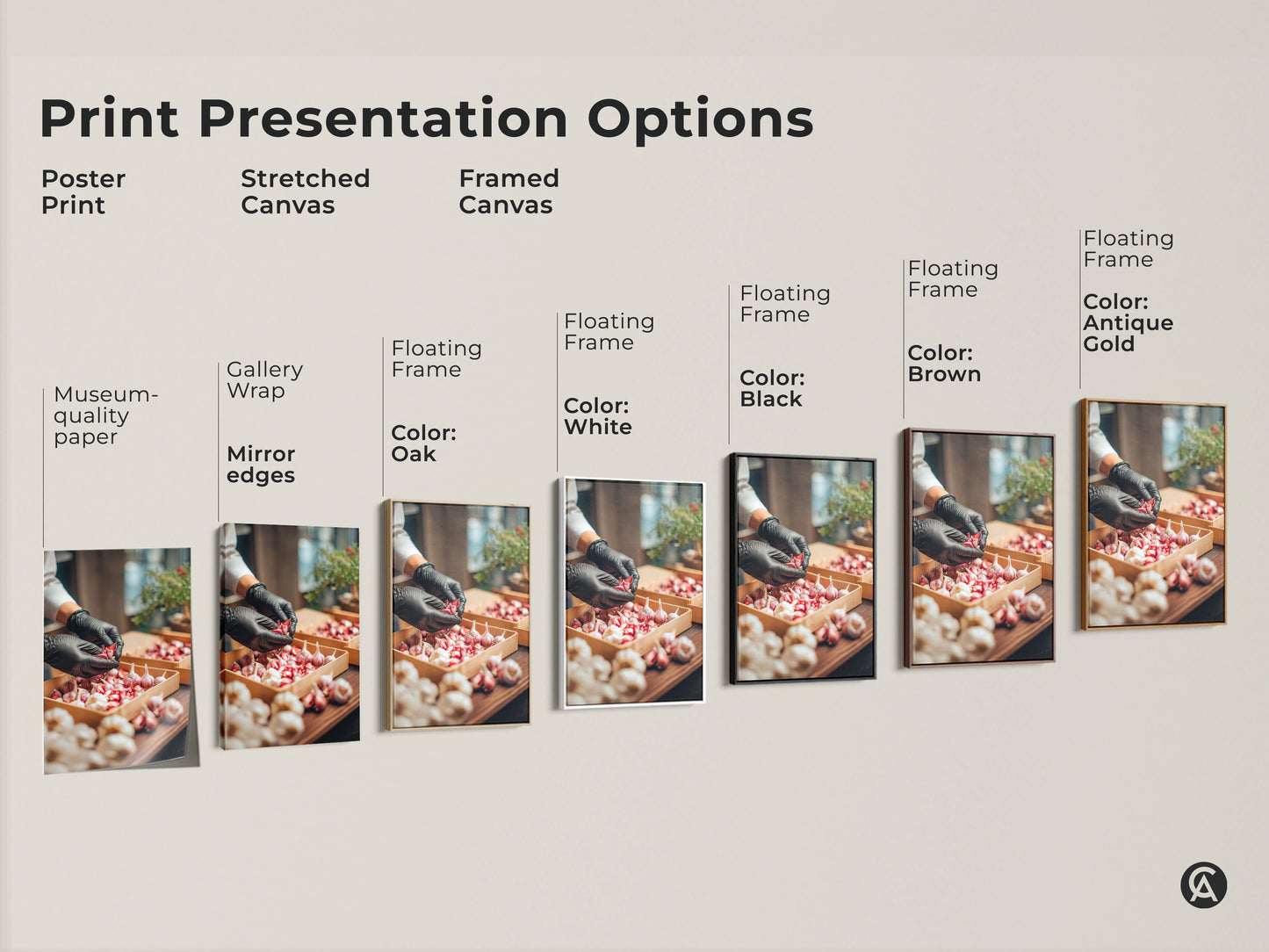 Print presentation options for garlic art. It shows poster prints. There are stretched canvas and framed canvas options. Frames come in black brown antique gold oak and white. Perfect art for kitchen decor.