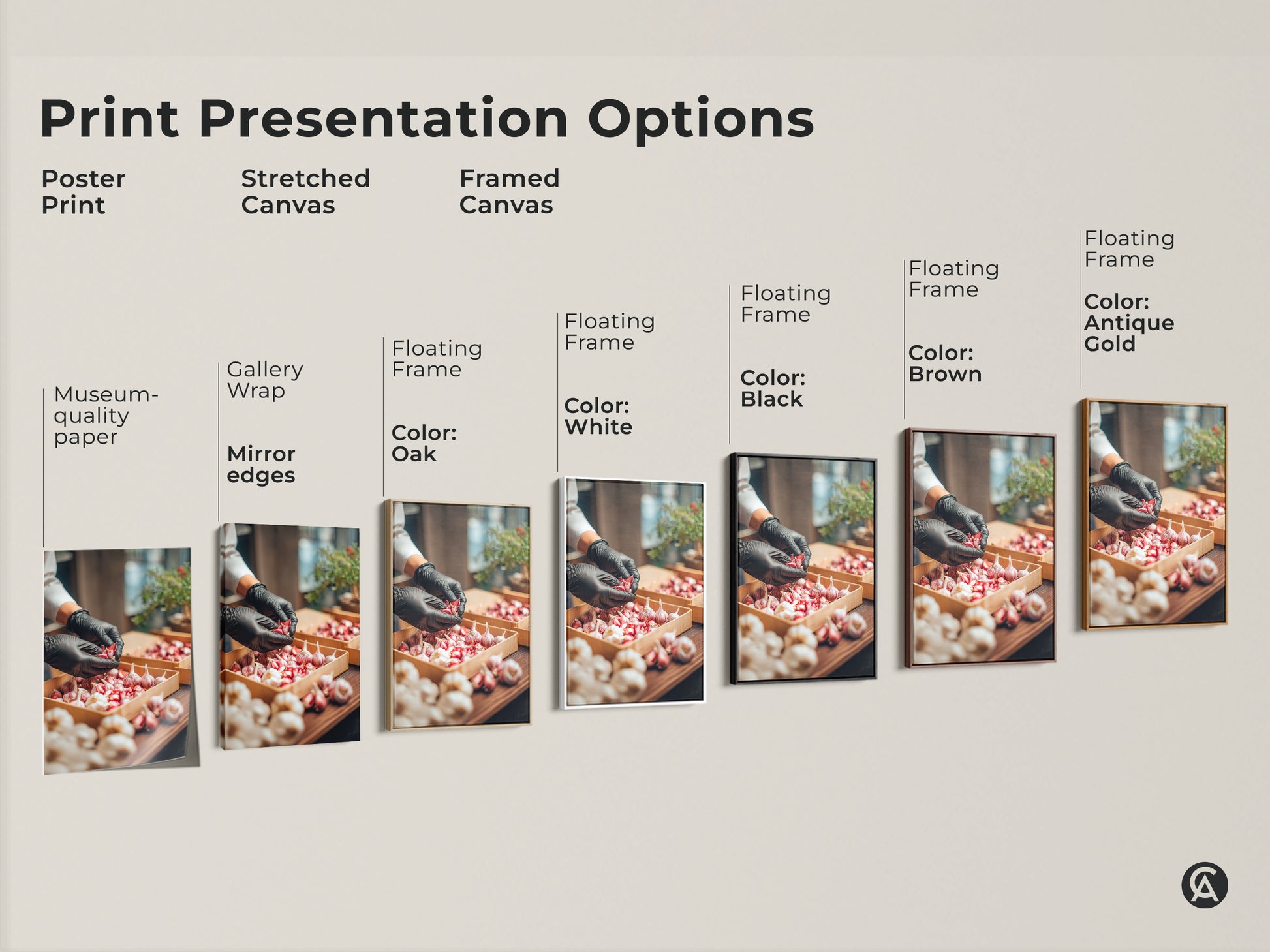 Print presentation options for garlic art. It shows poster prints. There are stretched canvas and framed canvas options. Frames come in black brown antique gold oak and white. Perfect art for kitchen decor.