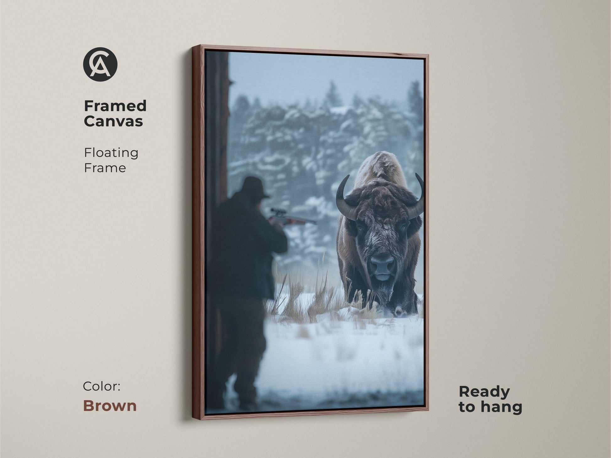 Framed canvas art featuring a hunter aiming at a bison. This brown floating frame adds warmth to the wildlife artwork. It comes ready to hang. This canvas brings a touch of nature to your home. Perfect for art lovers. Shop now for this unique bison art.