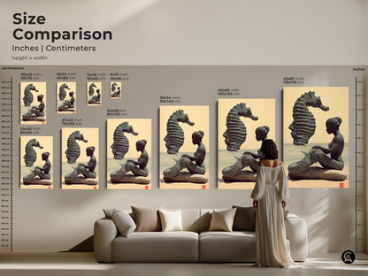 Size comparison of surreal mermaid and seahorse artwork. Inches and centimeters displayed for various canvas and poster sizes. Choose the perfect eclectic art for your living room with our unique fantasy gift.