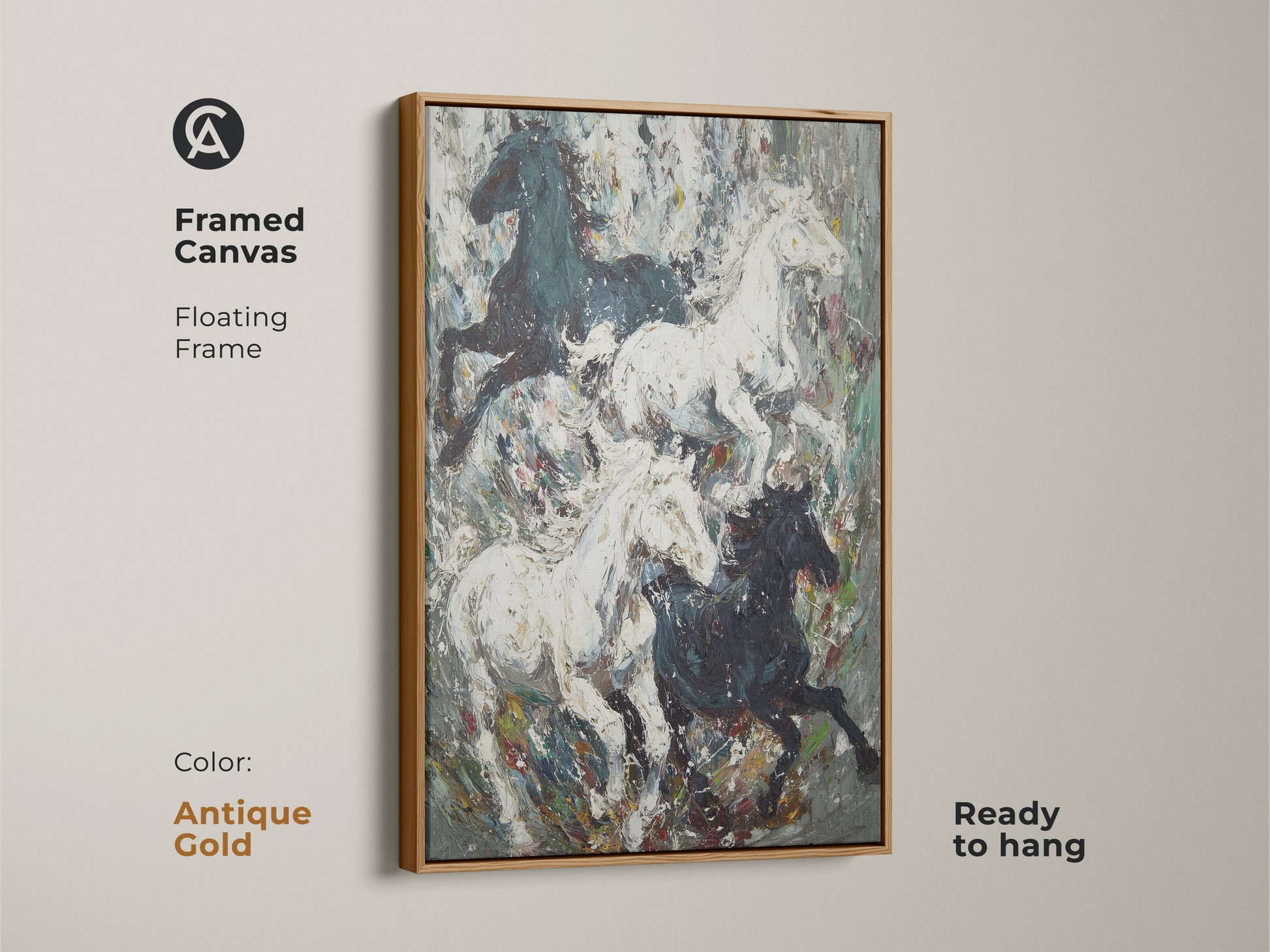 Framed canvas featuring eclectic horse artwork in a floating antique gold frame. Black and white wild horses art print. This equestrian home decor is ready to hang. It brings sophistication to any living space. A perfect gift for horse lovers.