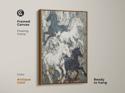 Framed canvas featuring eclectic horse artwork in a floating antique gold frame. Black and white wild horses art print. This equestrian home decor is ready to hang. It brings sophistication to any living space. A perfect gift for horse lovers.