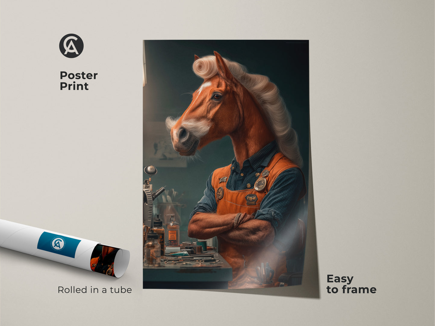 Poster print of a surrealist horseman in a craftsman style. Rolled in a tube and easy to frame. The animal art print is an imaginative piece for an office or study. Its brown and orange tones will add a unique touch to your walls.