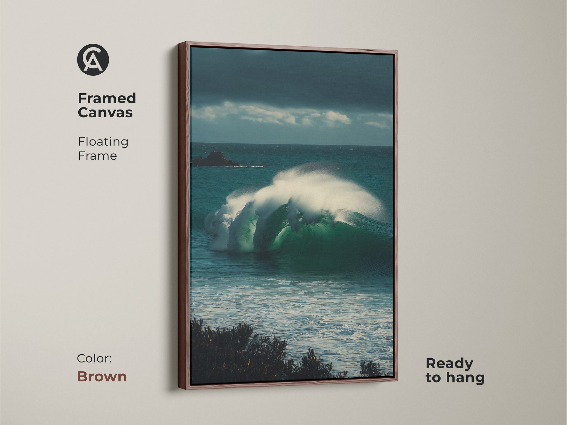 Brown Framed Canvas of a Crashing Ocean Wave. This framed teal and blue seascape art brings the ocean to your home. It makes for a perfect bedroom wall art ocean theme.