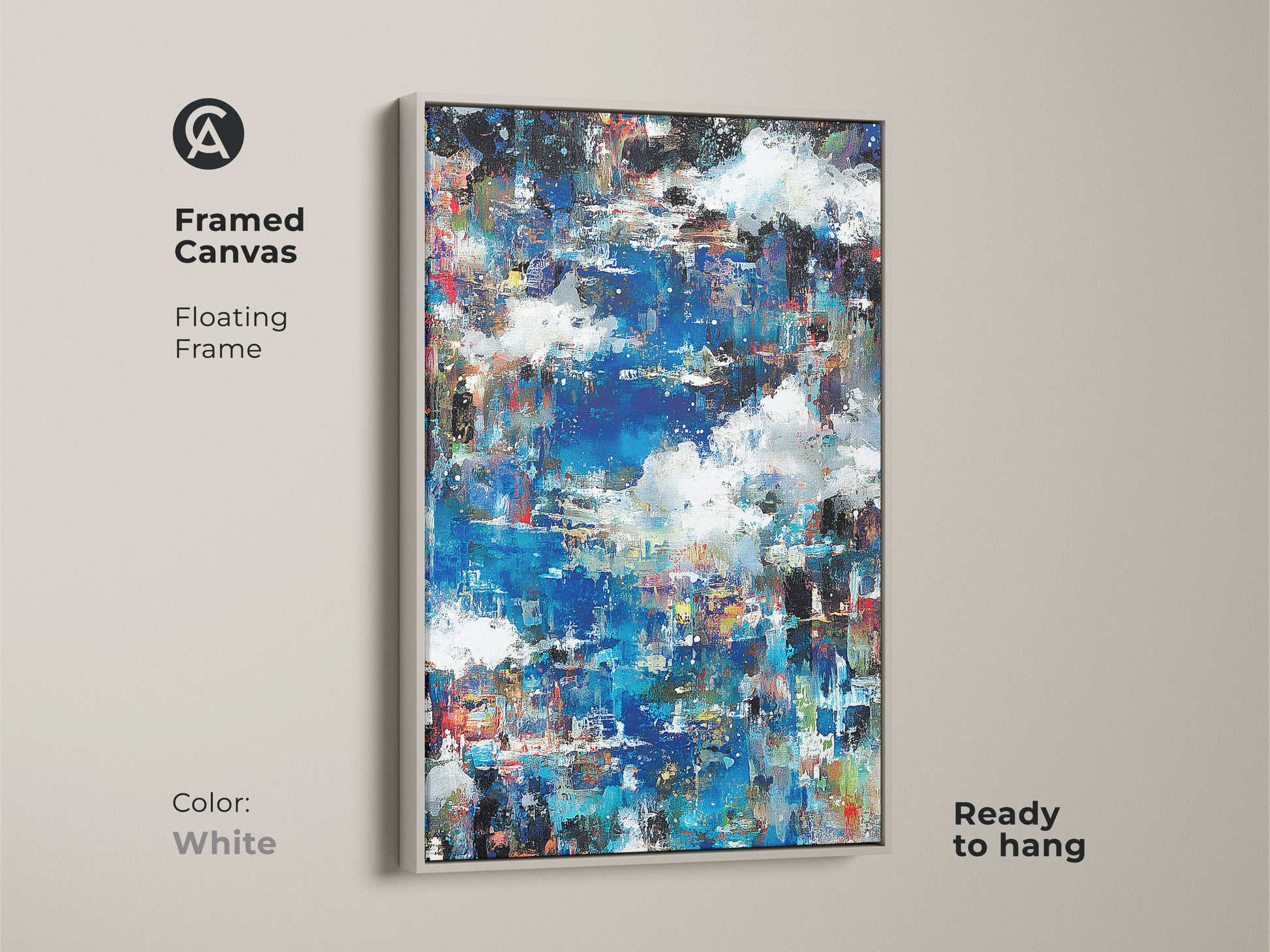 Framed canvas showcasing abstract artwork. The white floating frame offers a clean and modern look. Ready to hang and admire. Perfect for contemporary art lovers. Shop now to add a touch of elegance to your home decor with this artwork.