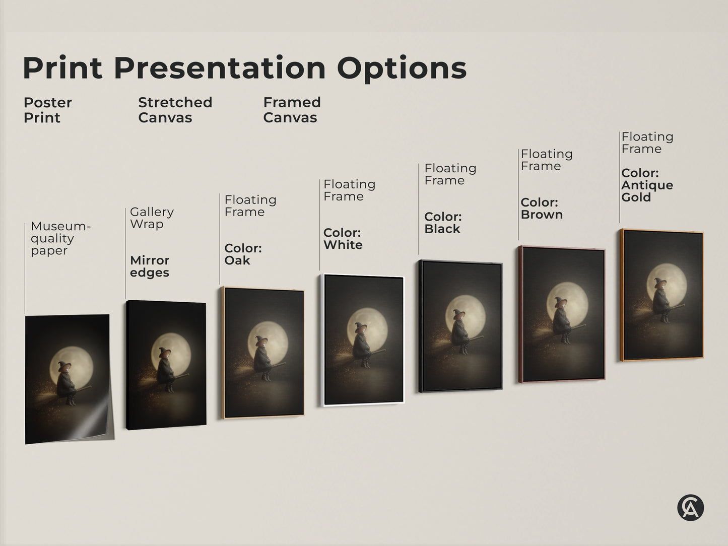 Explore presentation options for witch on broomstick artwork prints. Choose from poster prints stretched canvas or framed canvas. Floating frames available in white black brown oak and antique gold. High-quality gothic moon wall art perfect for Halloween or dark academia decor.