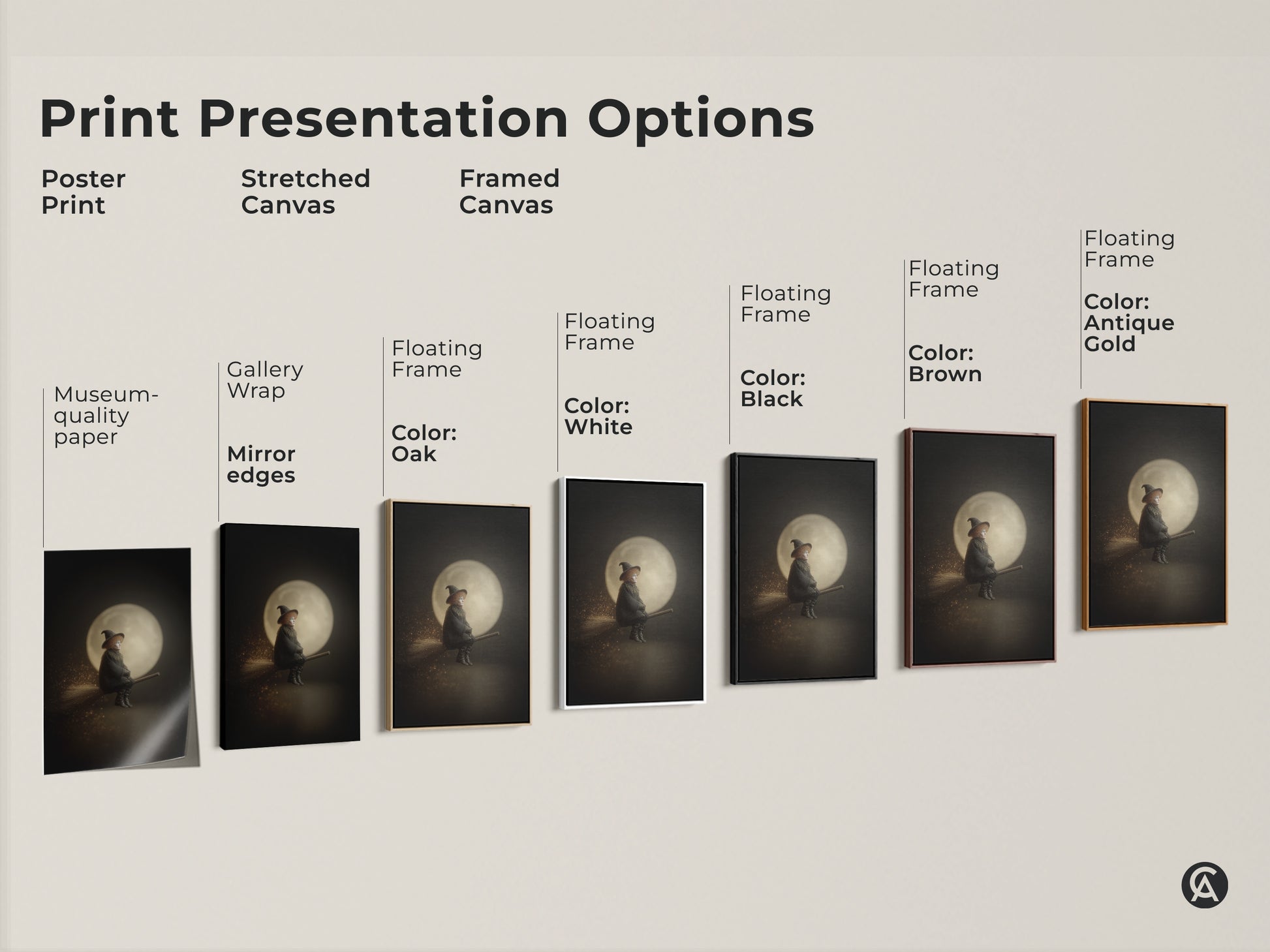 Explore presentation options for witch on broomstick artwork prints. Choose from poster prints stretched canvas or framed canvas. Floating frames available in white black brown oak and antique gold. High-quality gothic moon wall art perfect for Halloween or dark academia decor.