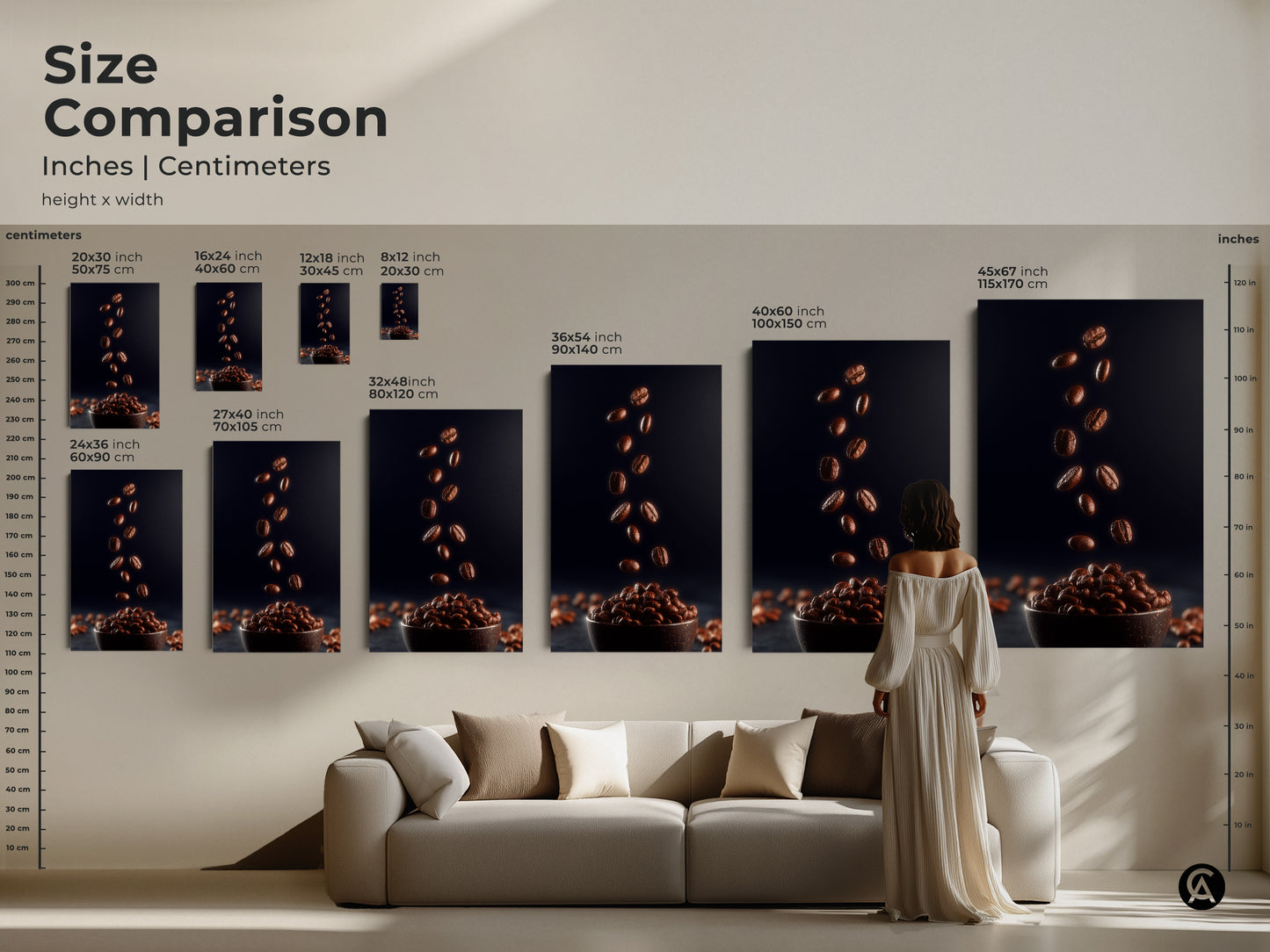 Size comparison of falling coffee beans art prints in a home setting. This modern abstract canvas is available in multiple sizes to fit your space. See how this rich brown coffee print enhances a contemporary living room. Perfect home bar art print.