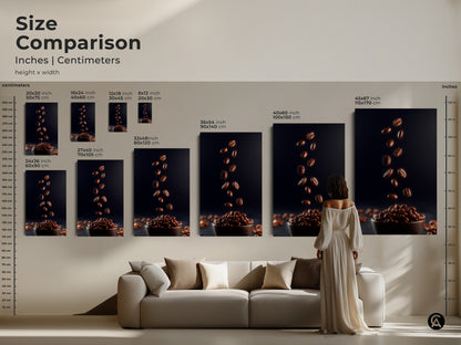 Size comparison of falling coffee beans art prints in a home setting. This modern abstract canvas is available in multiple sizes to fit your space. See how this rich brown coffee print enhances a contemporary living room. Perfect home bar art print.