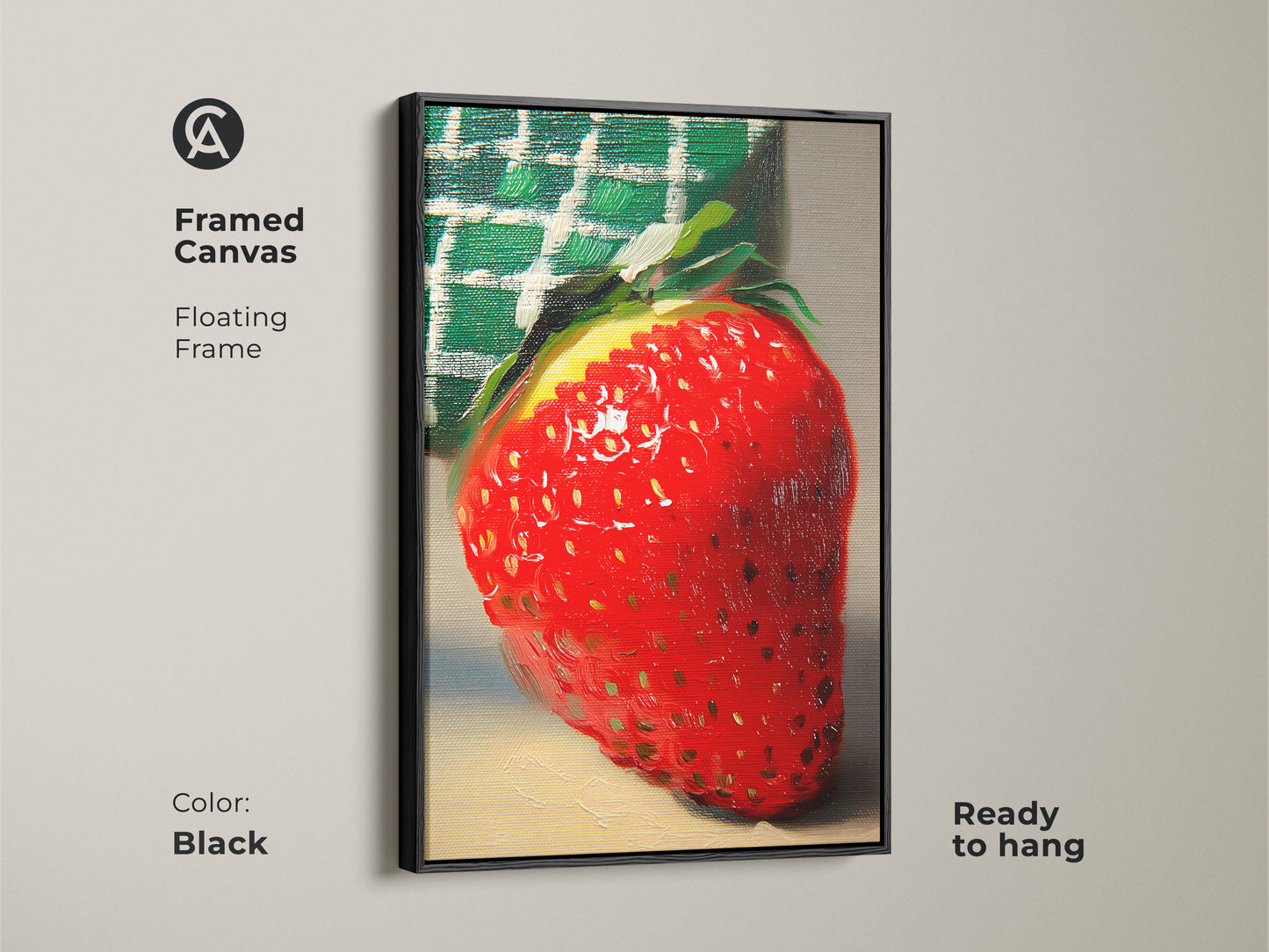 This framed canvas shows a red strawberry. It's botanical kitchen art with yellow and green tones. The impressionist fruit art is dining room decor. This red fruit artwork comes ready to hang. The floating frame is black.