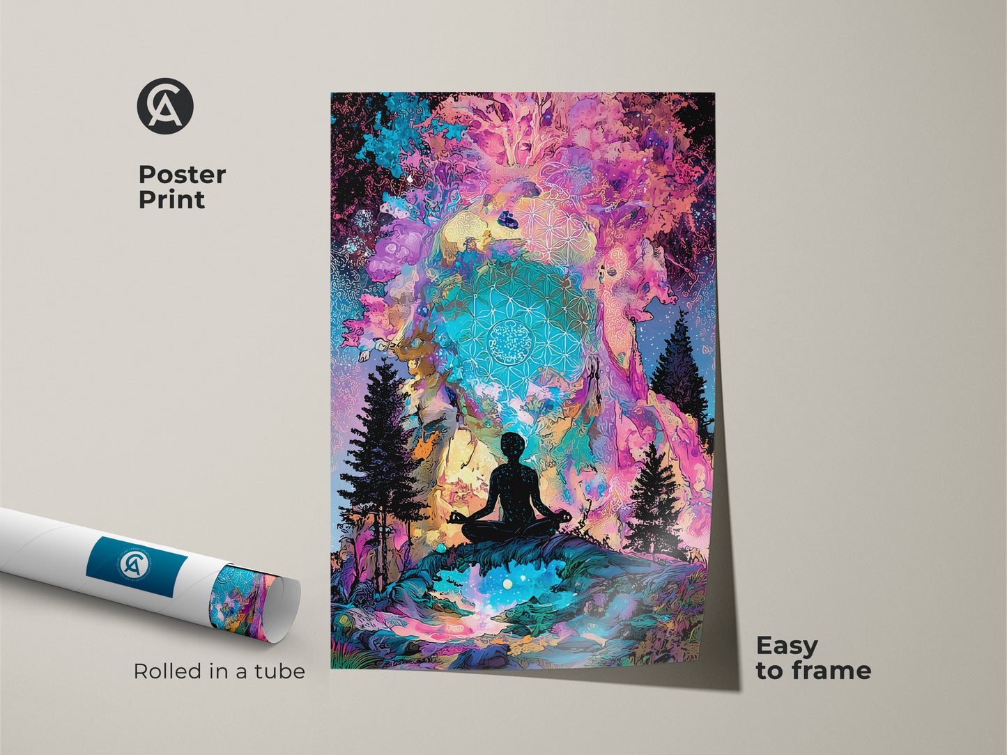 A poster print shows a silhouette meditating in nature. The artwork is easy to frame. It arrives rolled in a tube. The psychedelic style brings a calming energy to your home decor. Shop now.