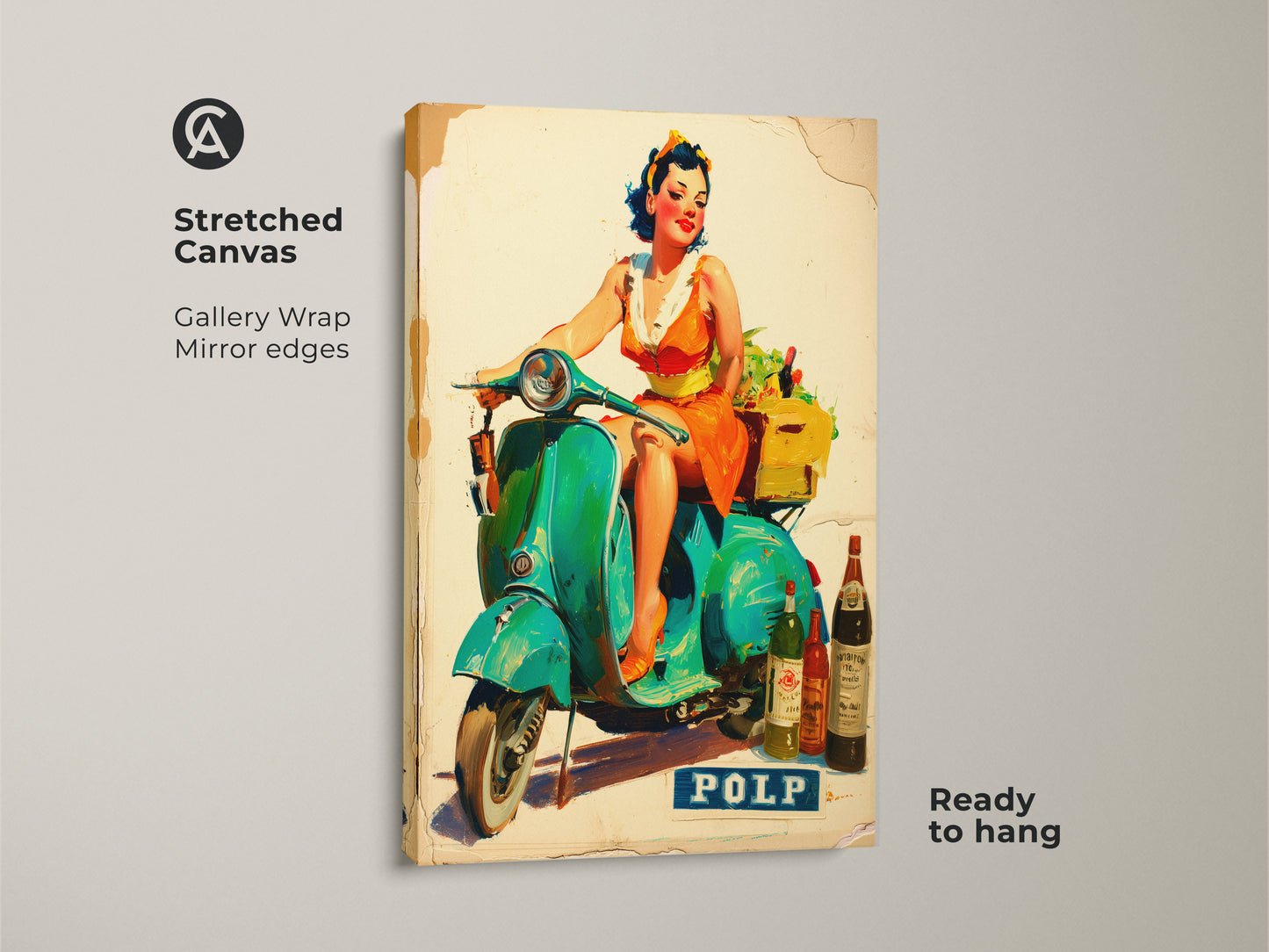 Stretched canvas art featuring a woman riding a Vespa scooter. The artwork is gallery-wrapped with mirrored edges and ready to hang. This colorful vintage art adds a pop of retro style to your home decor.