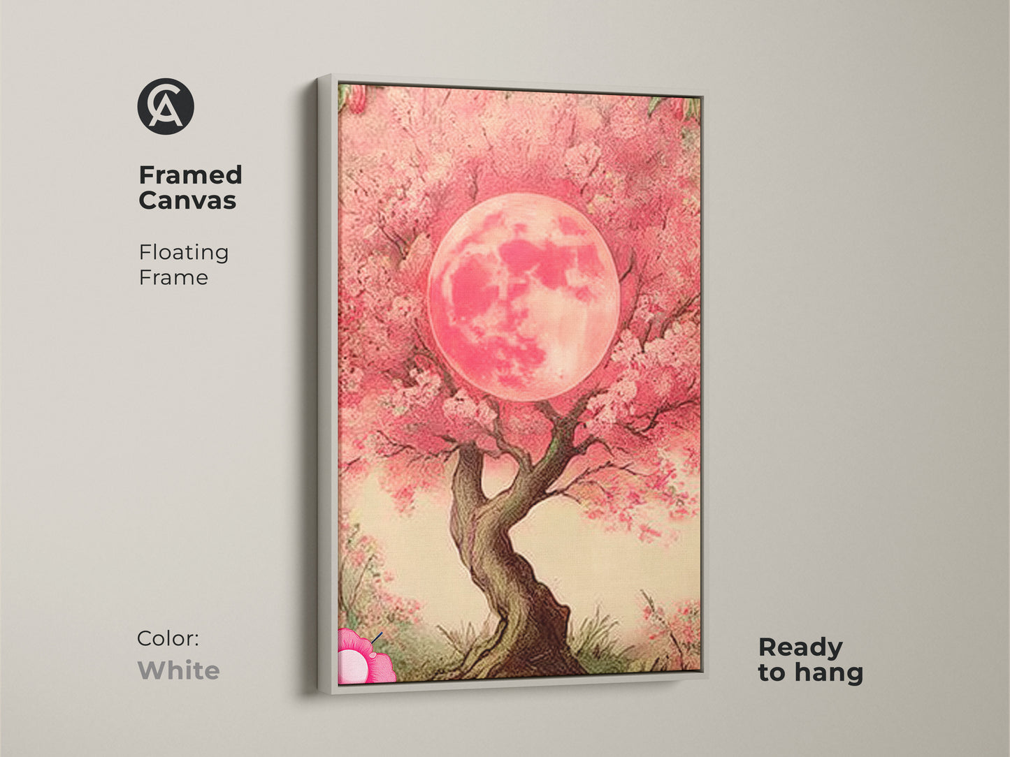 White framed canvas featuring a Pink Moon Tree. This floating frame showcases fuchsia floral art. Ready to hang dreamy botanical wall decor. This artwork will add some charm to your wall.