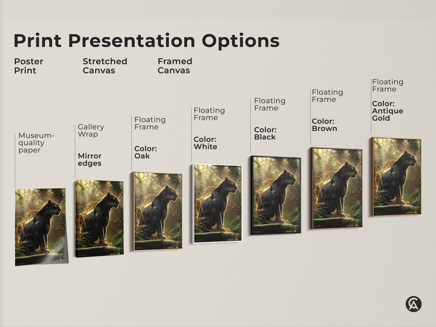 Print presentation options for Black Panther art. Choose from poster prints or stretched canvas. Framed canvas options include black brown antique gold and white. Find the perfect wildlife wall decor for your eclectic space.