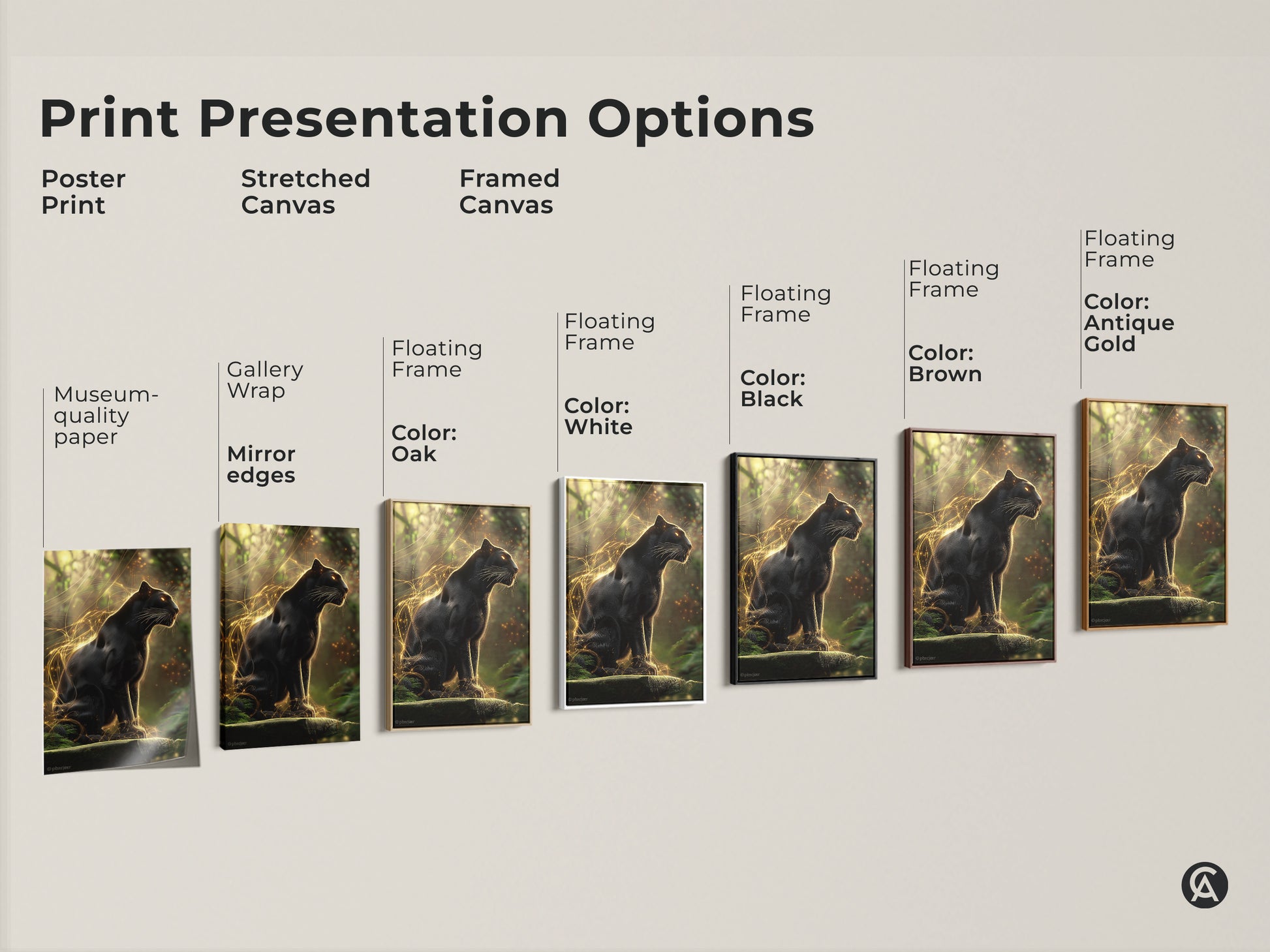 Print presentation options for Black Panther art. Choose from poster prints or stretched canvas. Framed canvas options include black brown antique gold and white. Find the perfect wildlife wall decor for your eclectic space.