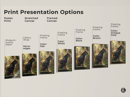 Print presentation options for Black Panther art. Choose from poster prints or stretched canvas. Framed canvas options include black brown antique gold and white. Find the perfect wildlife wall decor for your eclectic space.