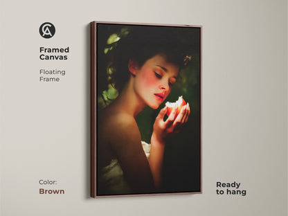 Brown framed canvas shows Renaissance woman portrait art. Floating frame highlights the woman with peach and green apple. Classic still life wall art for eclectic bedroom decor. A great gift for art lovers anniversary. This traditional wall art print adds a romantic touch.