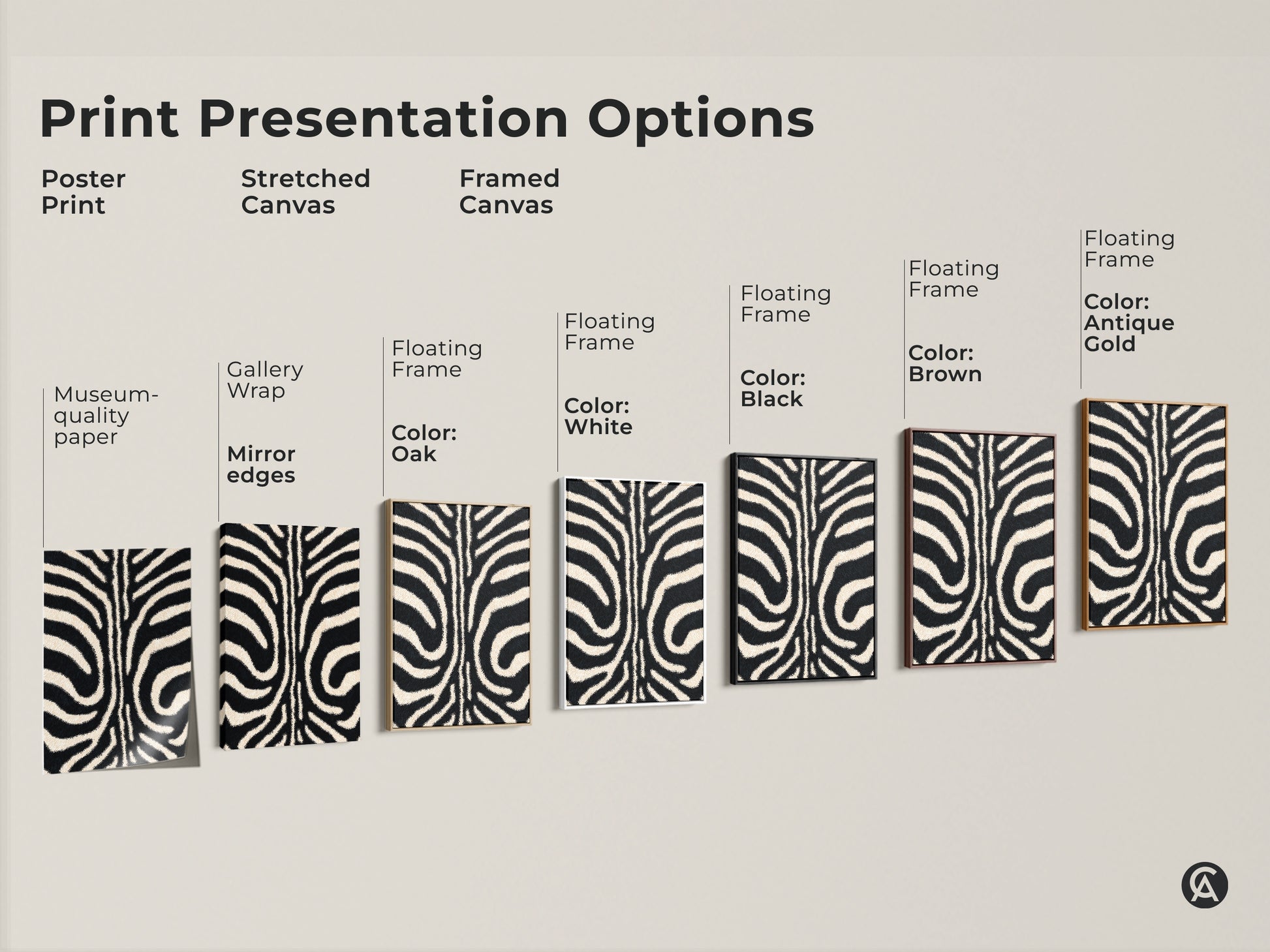 Explore print options for the zebra stripe art. Choose from poster print stretched canvas or framed canvas. Each offers a unique look for your modern animal art. Find the perfect style for your space.