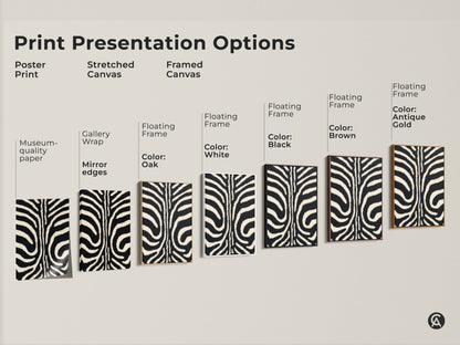 Explore print options for the zebra stripe art. Choose from poster print stretched canvas or framed canvas. Each offers a unique look for your modern animal art. Find the perfect style for your space.