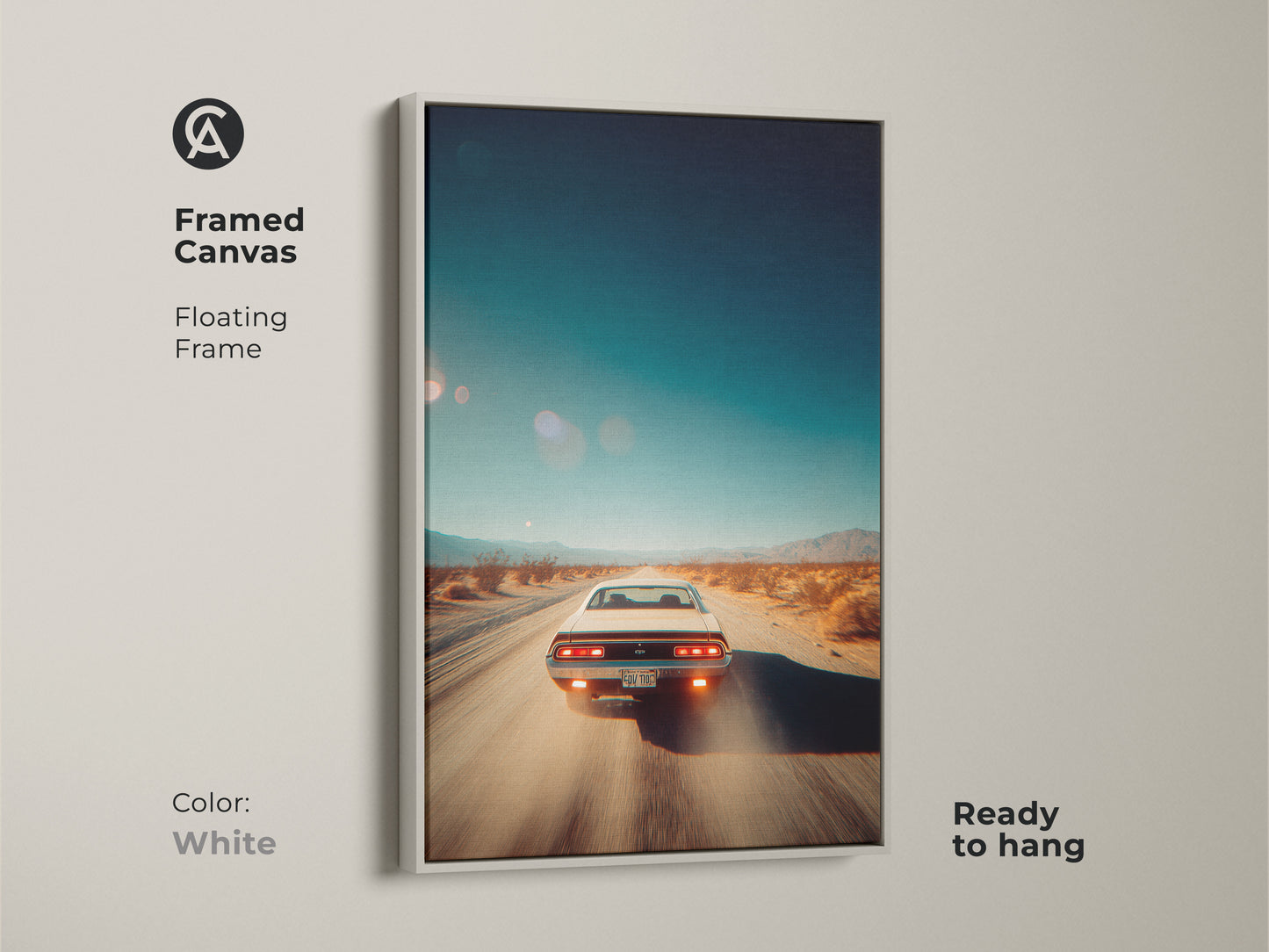 White framed canvas artwork depicting a vintage car speeding through a desert landscape. The floating frame offers a clean elegant look. This ready-to-hang artwork is perfect for car lovers. Complement your home decor with this white framed art piece.