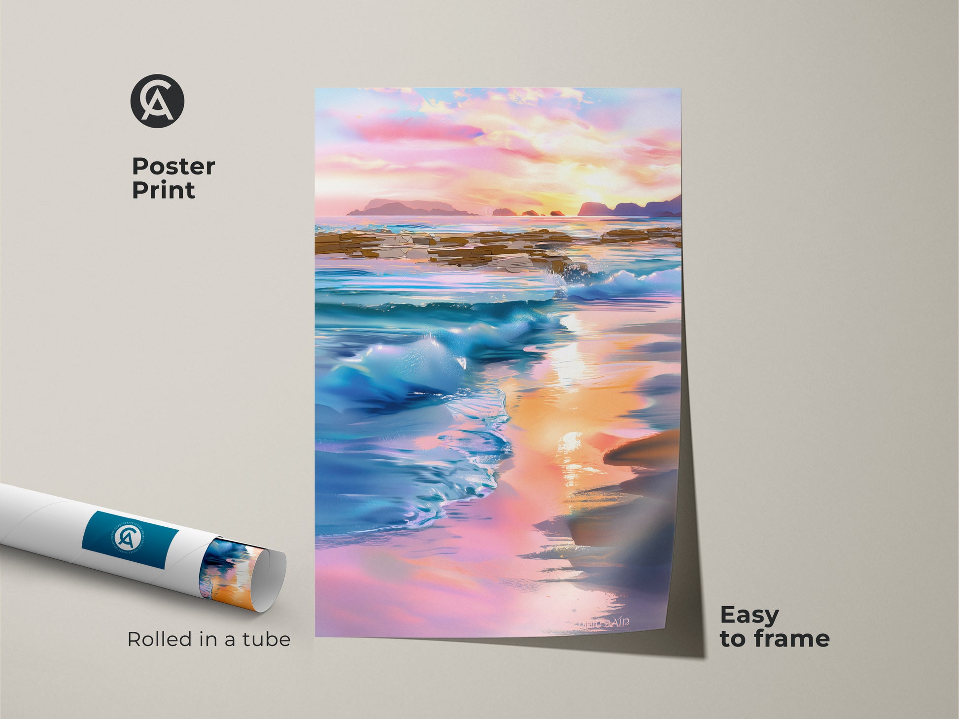 Poster print of impressionistic ocean waves art is rolled in a tube. The sunset ocean landscape artwork is easy to frame. This blue pink orange seascape is ideal summer beach scene canvas. Makes a thoughtful gift for ocean lovers.