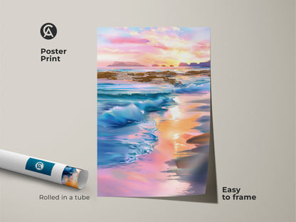 Poster print of impressionistic ocean waves art is rolled in a tube. The sunset ocean landscape artwork is easy to frame. This blue pink orange seascape is ideal summer beach scene canvas. Makes a thoughtful gift for ocean lovers.