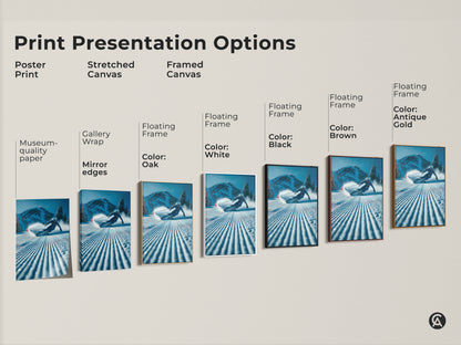 Explore our print presentation options. Choose from poster prints stretched canvas and framed canvas to showcase this stunning skier artwork. Each option offers a unique way to display this dynamic scene. Find the perfect style to complement your decor.