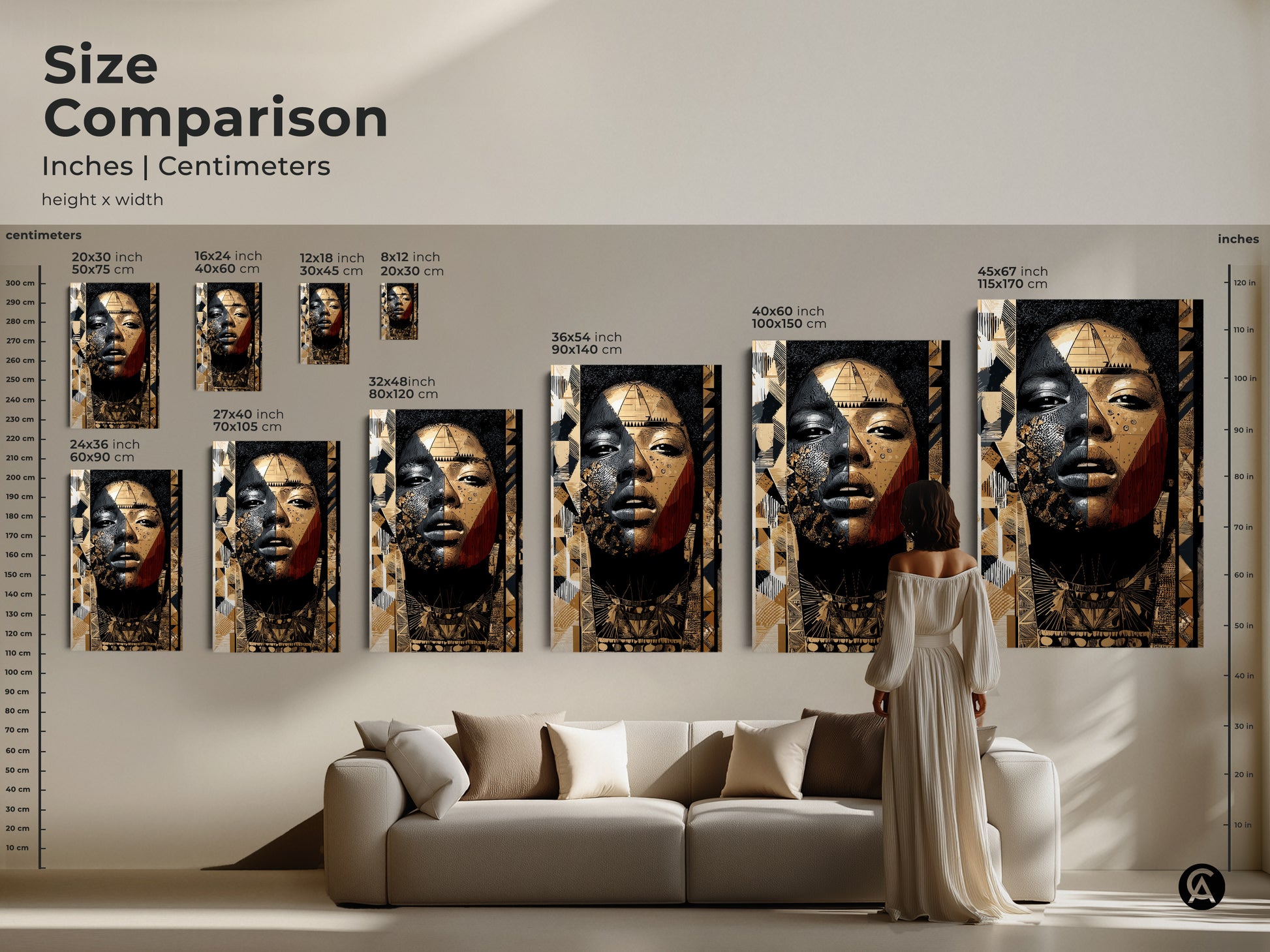 Size comparison of the abstract woman portrait art in inches and centimeters. The canvas and poster options shown. From small accents to large statement pieces find the perfect fit for your wall.
