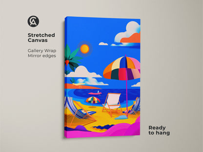 Stretched canvas print featuring a colorful beach scene. Gallery wrapped with mirrored edges this vibrant wall art is ready to hang. The bright artwork brings a touch of summer to any space. The beach chairs and umbrella create a relaxing coastal vibe. Enjoy the beauty of the beach with this eye-catching canvas art.