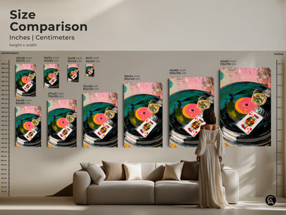 Size comparison of abstract vinyl record prints in inches and centimeters. See how different sizes fit above a sofa. Visualize the impact of this teal green and pink artwork. King of Hearts card print adds a unique touch. Ideal for eclectic home decor.