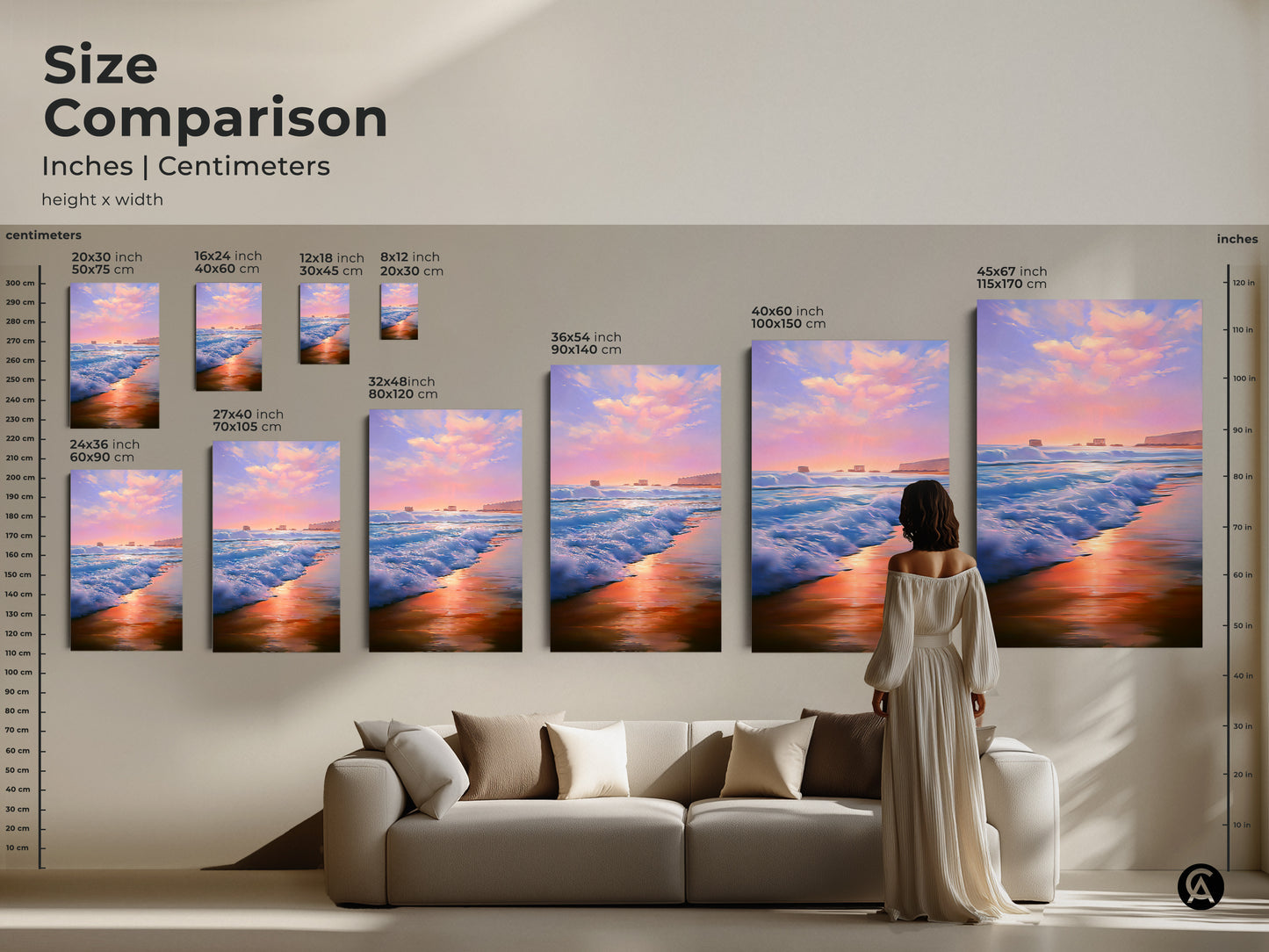 Size comparison showcases various coastal art prints. This impressionist ocean print in different dimensions transforms your space. Find the perfect pink purple beach canvas. Enhance your home with seaside sunset artwork.