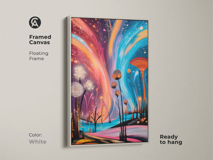 A white frame surrounds the abstract dandelion canvas print giving it a clean look. The fantasy nature artwork uses warm oranges and cool blues. Deep purples accent the whimsical art print. This surreal nature artwork is ready to hang. A great piece for any art collector.