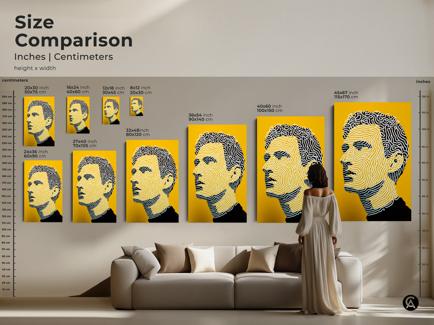 Size comparison of this modern portrait art print. The artwork is available in multiple sizes. Find the perfect size for your wall space. Choose from canvas or poster options. Elevate your decor with this portrait art.