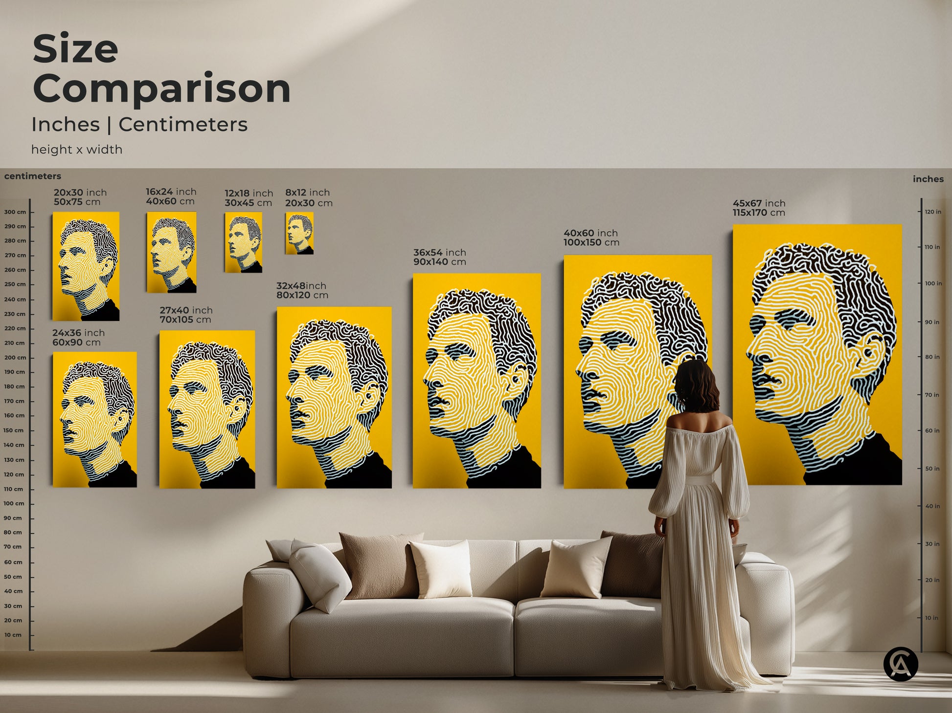 Size comparison of this modern portrait art print. The artwork is available in multiple sizes. Find the perfect size for your wall space. Choose from canvas or poster options. Elevate your decor with this portrait art.