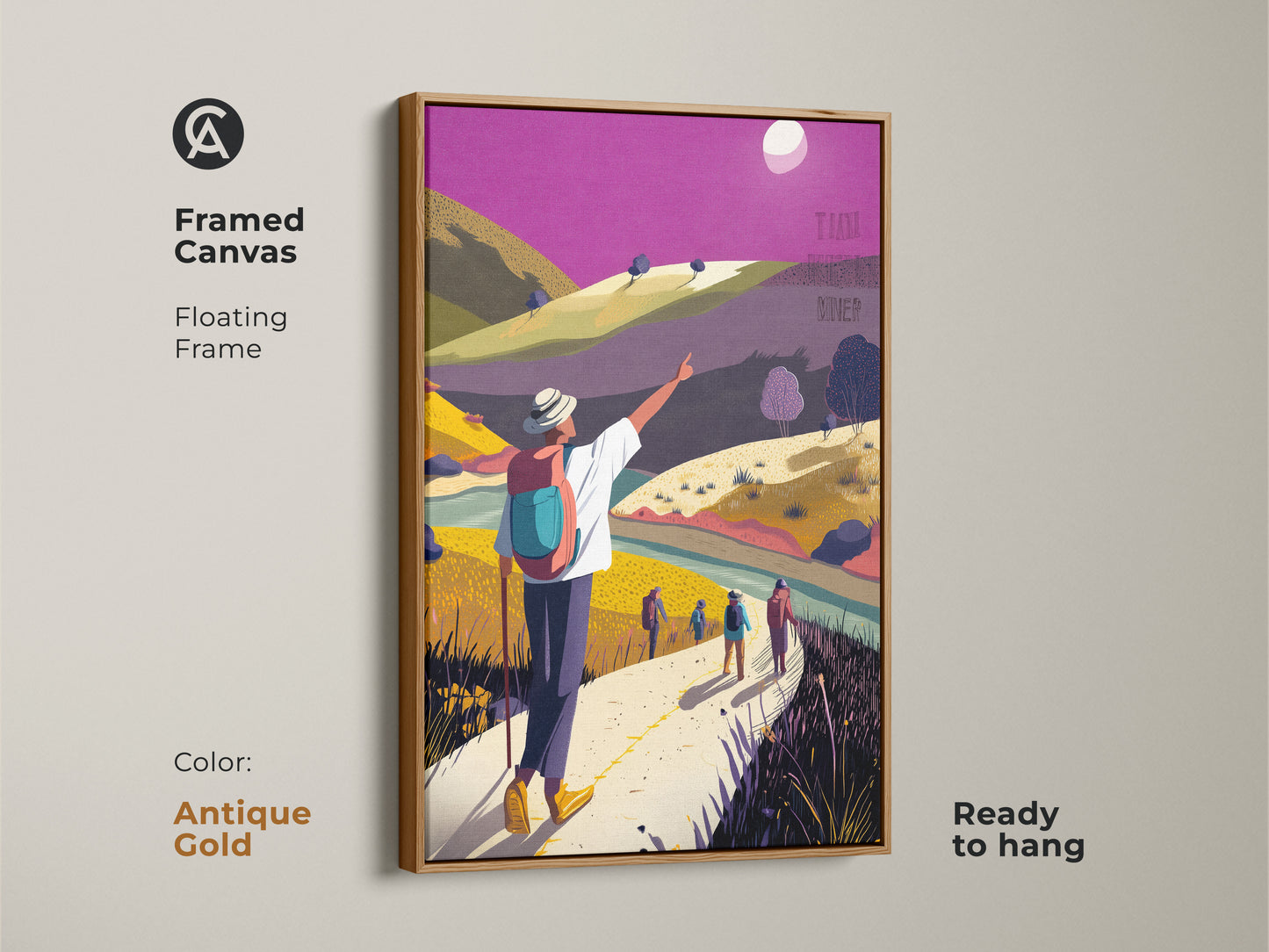 Antique gold framed canvas showing flat art adventure. This boho hiking wall decor features yellow green and purple colors. It makes a thoughtful housewarming gift for hikers. It's ready to hang.