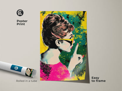Poster print of Audrey Hepburn pop art rolled in a tube. Features a retro halftone style in pink yellow and teal. This vintage iconic portrait is easy to frame. Great wall art for fashion enthusiasts.