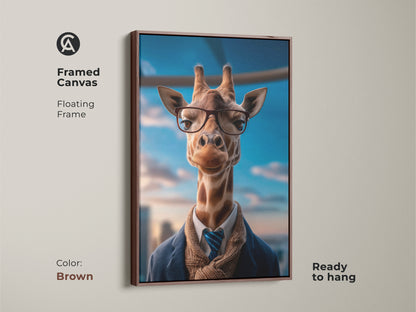 Enhance your space with this Eclectic Giraffe Wall Art framed in antique gold. The artwork features a dapper giraffe in glasses and a suit. Its tan brown and blue tones add warmth to any room. Perfect for adding a touch of sophistication to your unique office decor.