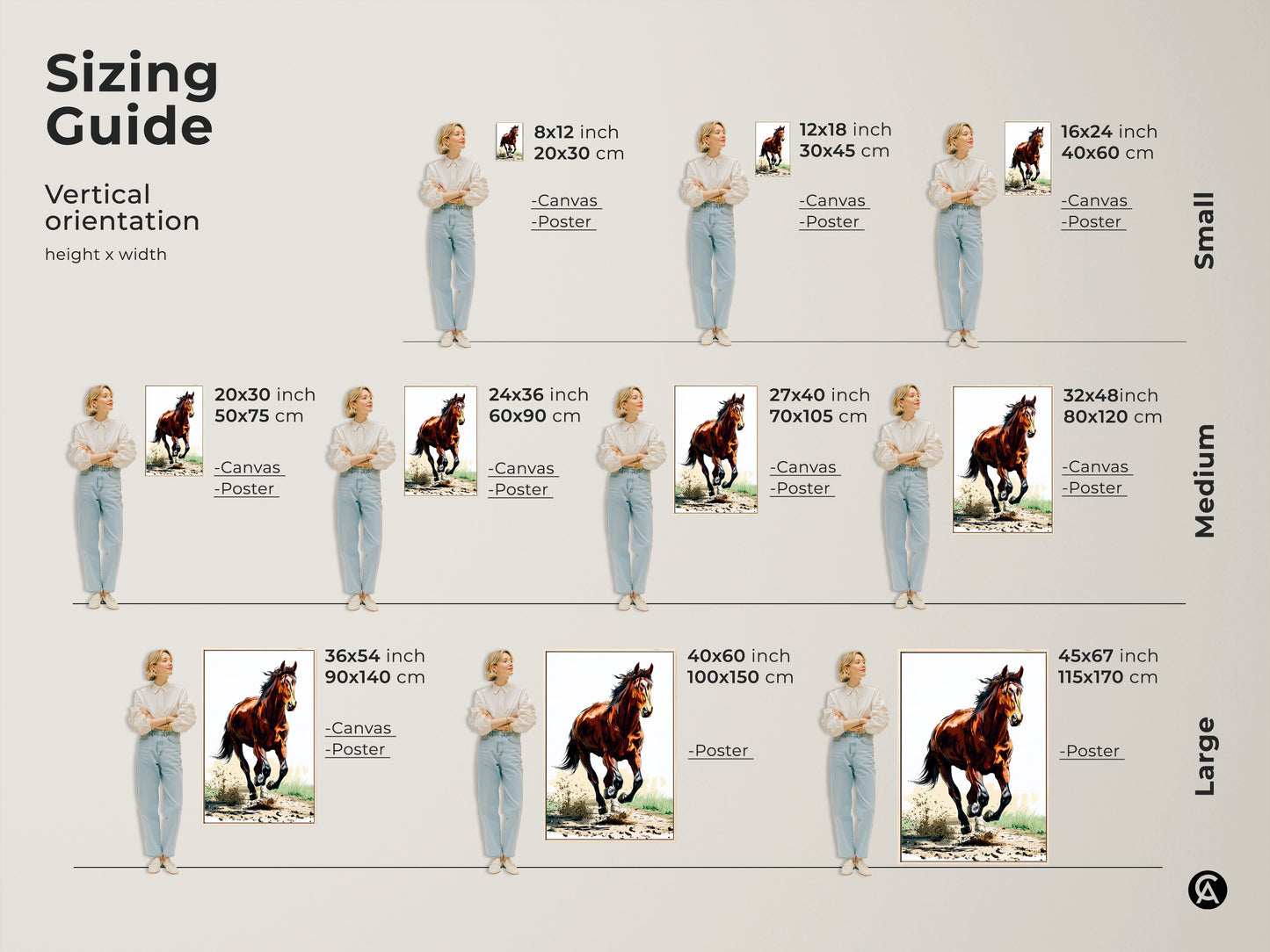 Sizing guide for the galloping horse canvas and poster. See how the rustic sienna brown horse art fits different spaces. Visualize sizes from small to large. This equestrian animal action artwork is perfect for bedroom decor and makes a great horse lover gift.