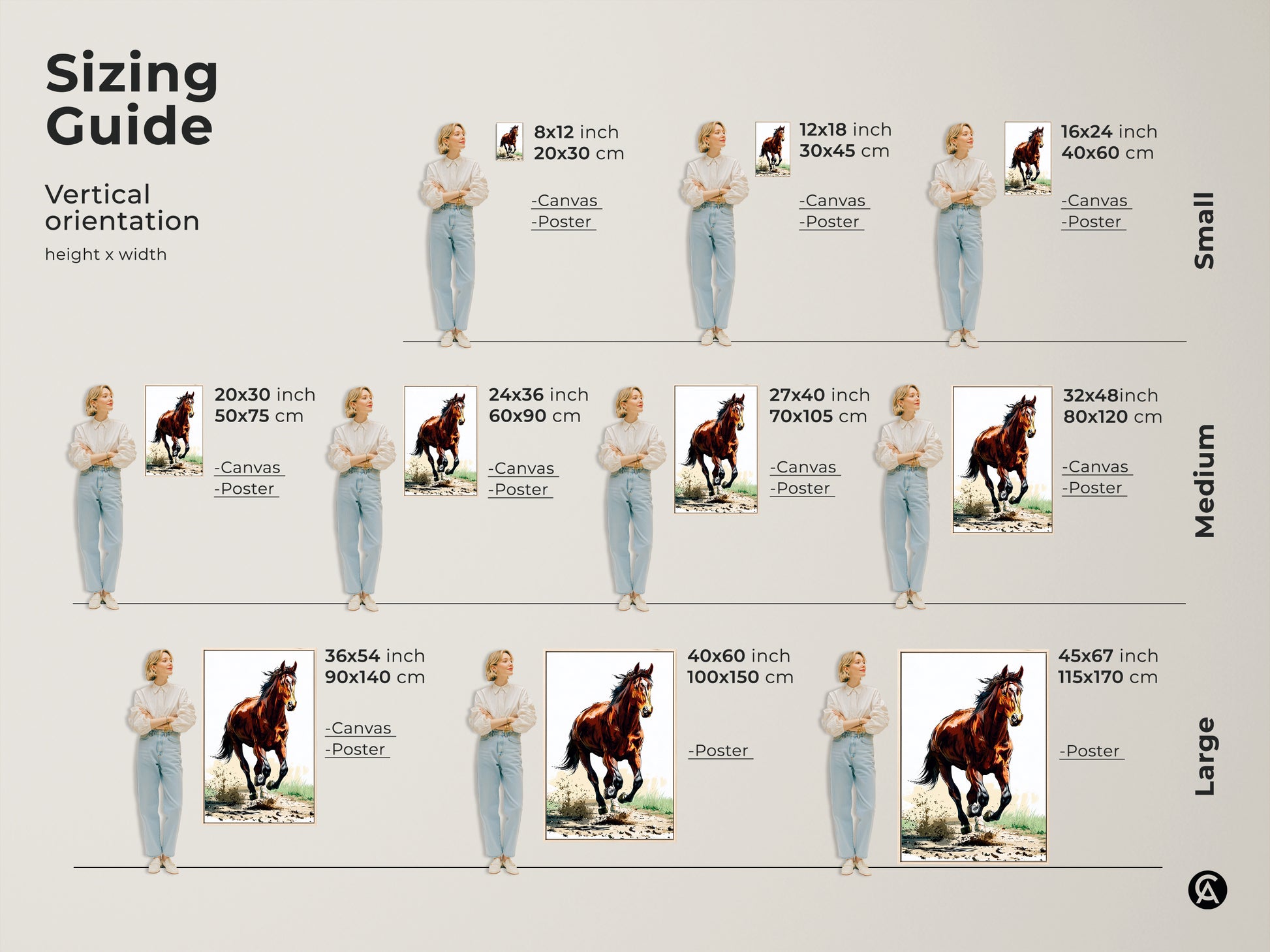 Sizing guide for the galloping horse canvas and poster. See how the rustic sienna brown horse art fits different spaces. Visualize sizes from small to large. This equestrian animal action artwork is perfect for bedroom decor and makes a great horse lover gift.
