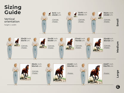 Sizing guide for the galloping horse canvas and poster. See how the rustic sienna brown horse art fits different spaces. Visualize sizes from small to large. This equestrian animal action artwork is perfect for bedroom decor and makes a great horse lover gift.