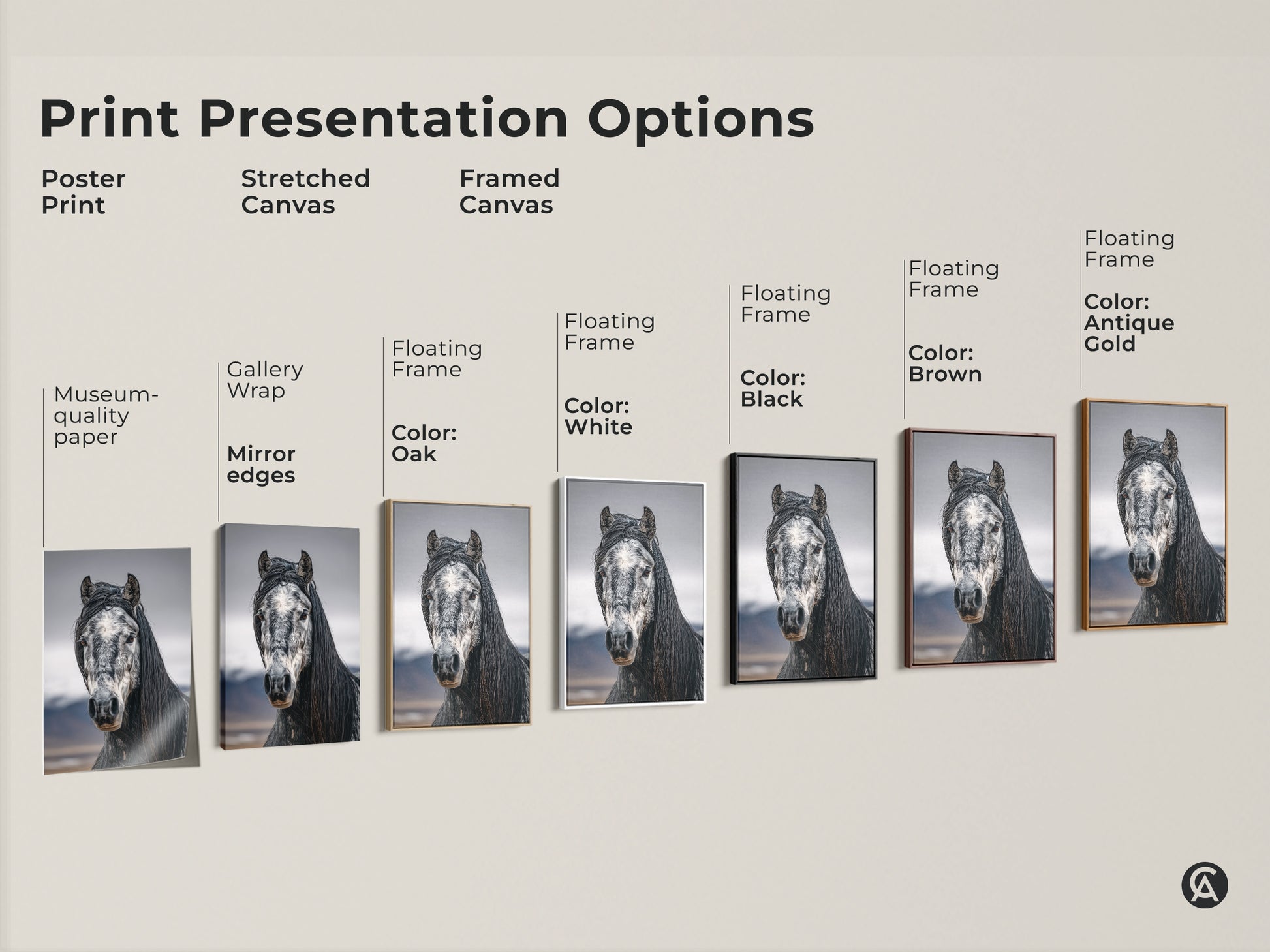 Explore print presentation options. Poster prints and stretched canvas. Framed canvas in various colors. Black and white horse art. Rustic bedroom wall decor. Equestrian gift for her.