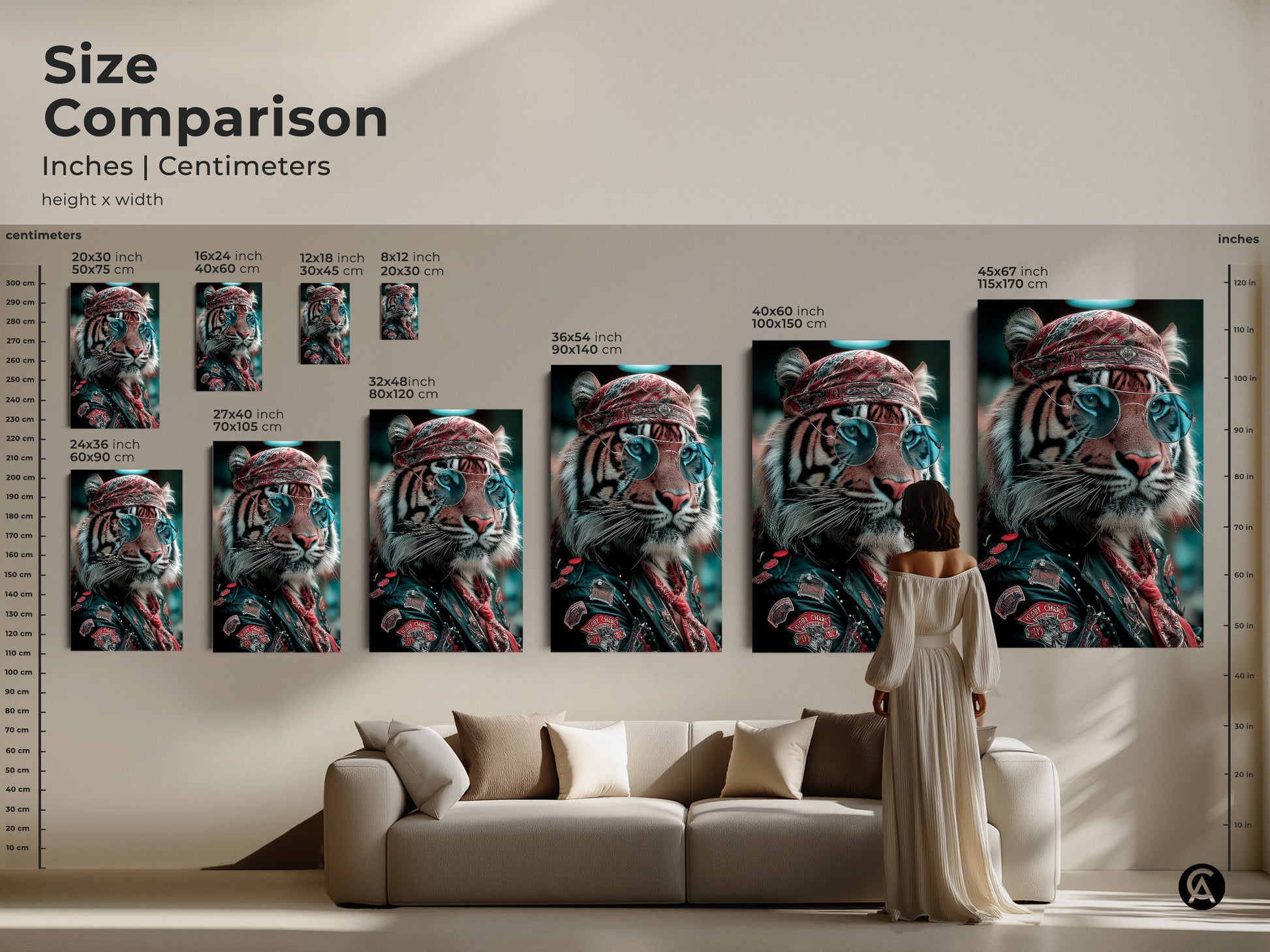 Size comparison of the tiger biker artwork in inches and centimeters. Visualize how different sizes fit above a couch. This cool portrait art makes a statement. Ideal as man cave tiger decor. It brings an eclectic wildlife art vibe to any living room. Unique animal canvas.
