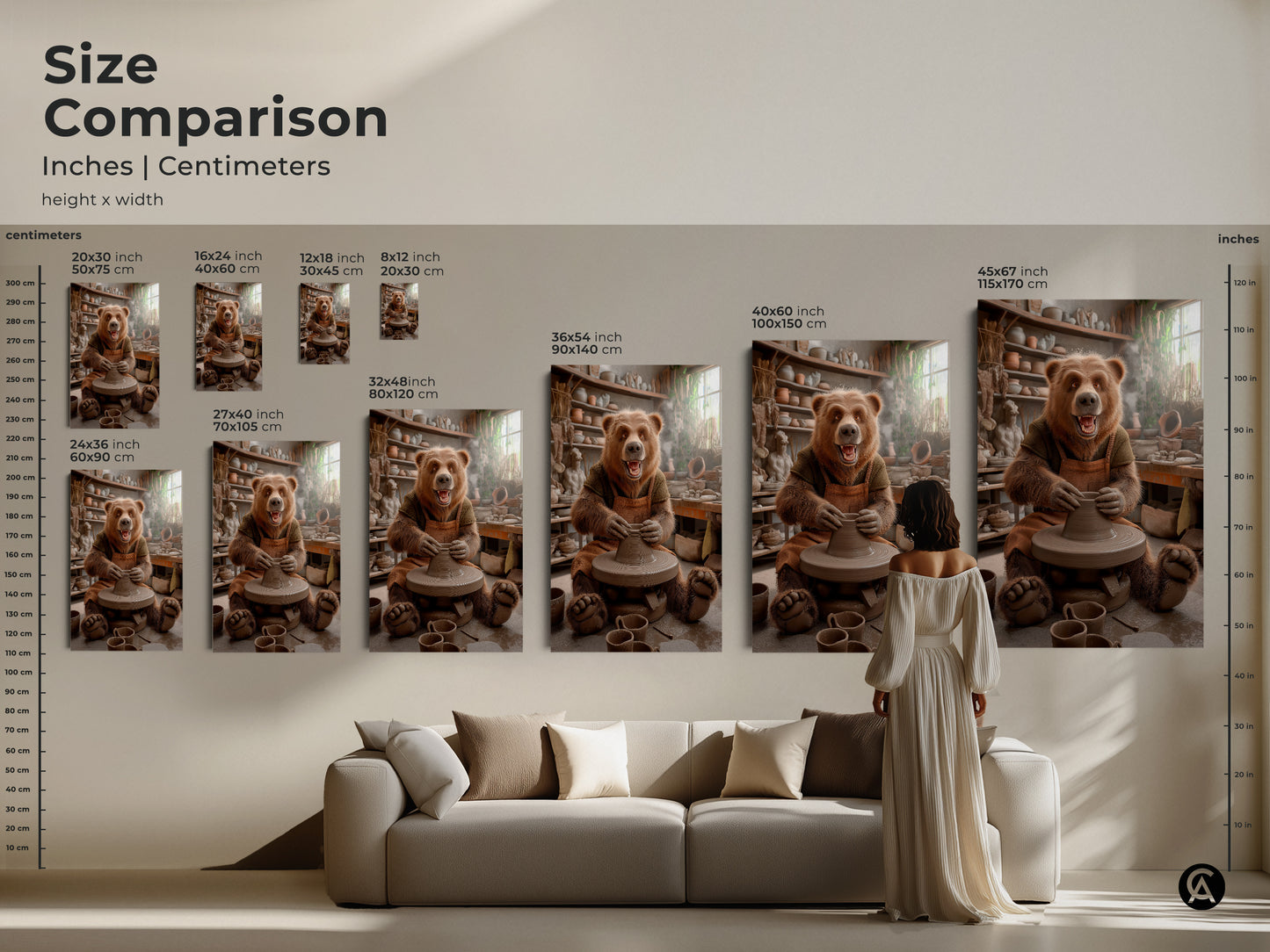 Compare sizes of the bear pottery art print in inches and centimeters. The whimsical animal studio wall art fits above sofas. This brown pottery scene canvas can be a focal point. Earth tones complement any living room. The artwork adds warmth to any home decor style.