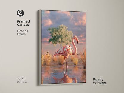Framed canvas art of a photorealistic flamingo in a serene savanna. White floating frame highlights the pink teal and orange boho artwork. Ready to hang this bird lover gift brings nature inside. A unique animal print for home decor.