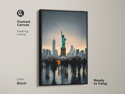 Framed canvas featuring the NYC skyline and Statue of Liberty. The black floating frame enhances this piece of wall art for a modern home. This contemporary cityscape artwork is ready to hang. Its teal gray and orange accents create a cinematic city view.