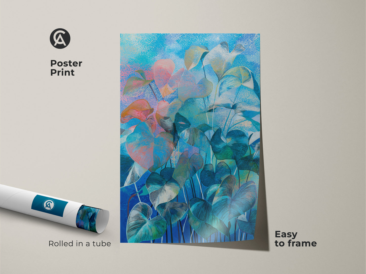 Abstract botanical art displayed in a brown framed canvas. The floating frame complements the blue teal aqua artwork. Perfect boho bedroom decor for plant art lovers ready to hang.