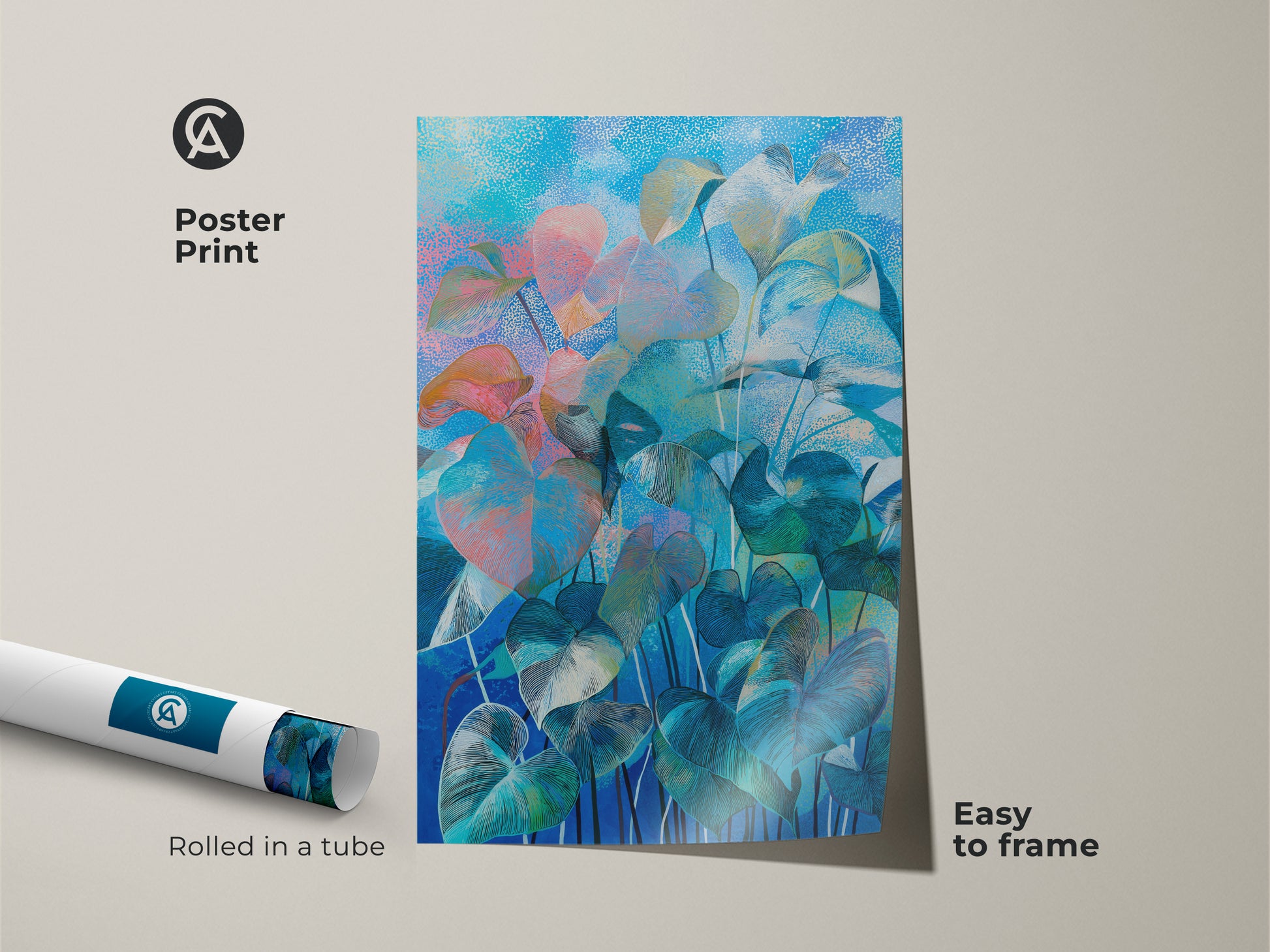 Abstract botanical art displayed in a brown framed canvas. The floating frame complements the blue teal aqua artwork. Perfect boho bedroom decor for plant art lovers ready to hang.